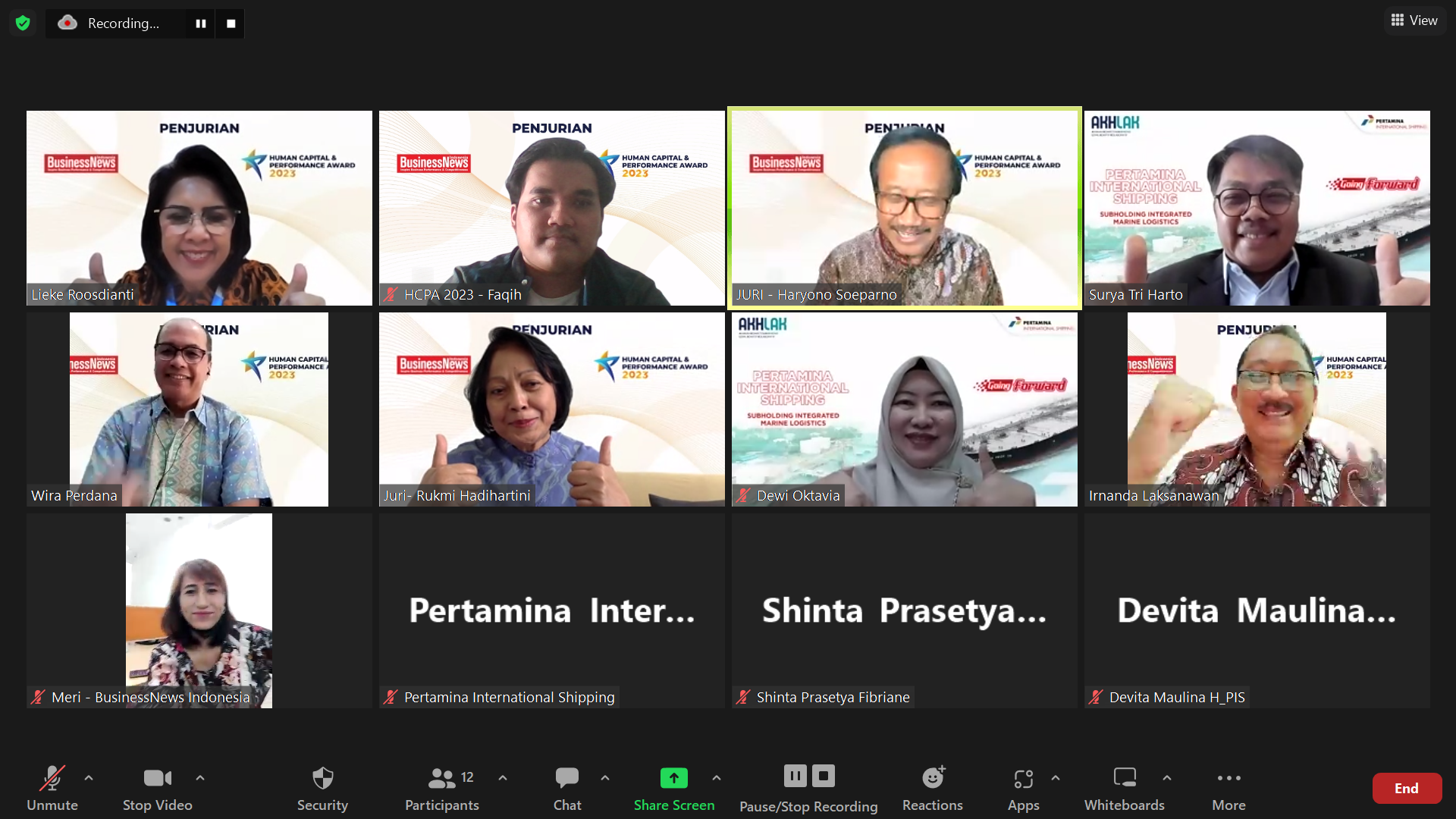 Pertamina International Shipping (PIS) dalam penjurian Human Capital & Performance Award 2023 yang dilaksanakan secara online.
